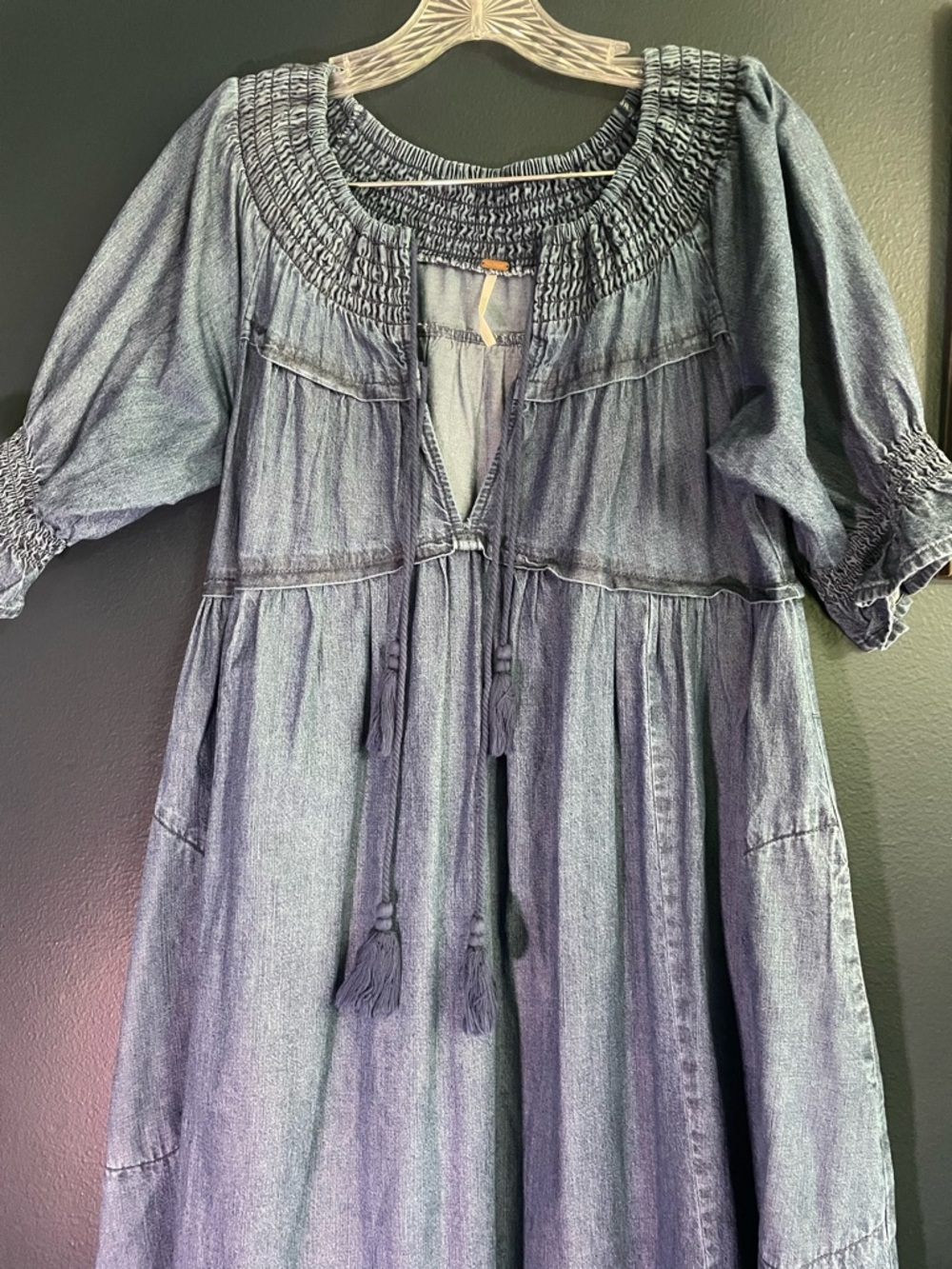 Free People One and Only Denim Dress Dark Denim Boho Ruffle Dress - Picture 4 of 6